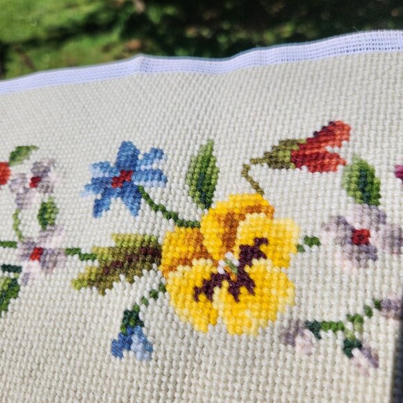 Vintage Hand-Stitched Floral Cross Stitch Runner 42" X 7" - Picture 6 of 15